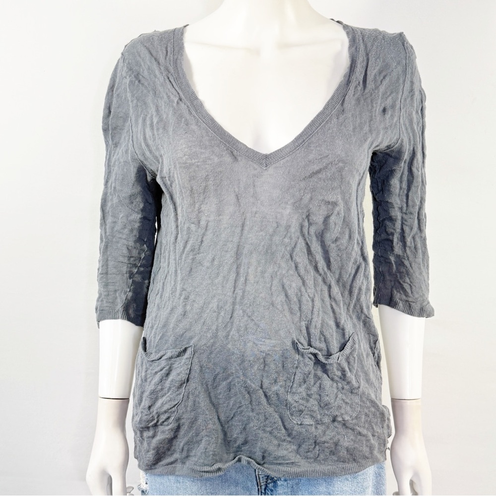 Bonpoint Gray Cotton Steel Knit Top Size M Casual Classic V-Neck 3/4 Sleeve